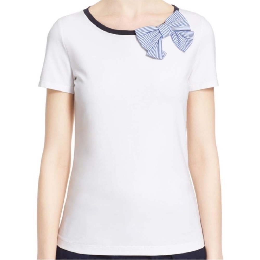 Kate Spade Bow T Shirt - Cotton White Pinstripe Blue Bow, Cottagecore Small S